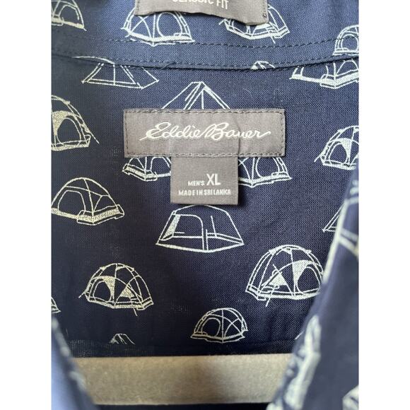 Eddie Bauer Shirt Mens XL Button Up Blue Short Sleeve Camp Tent All Over Print - Picture 5 of 8